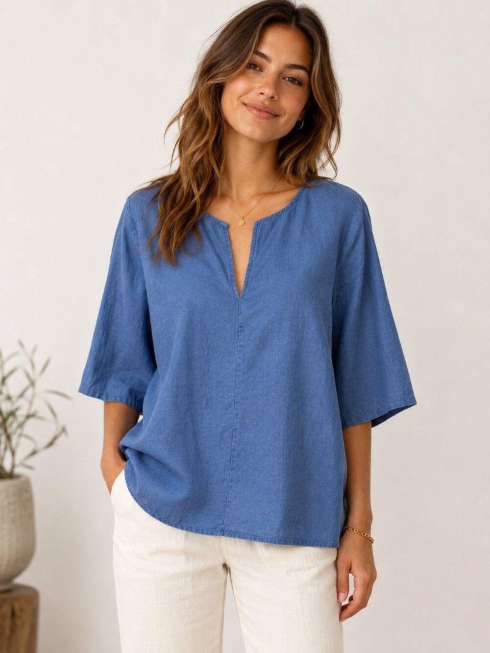 Lintico Relaxed Fit Blue Linen Top With Split Neckline 3/4 Sleeves Size XL